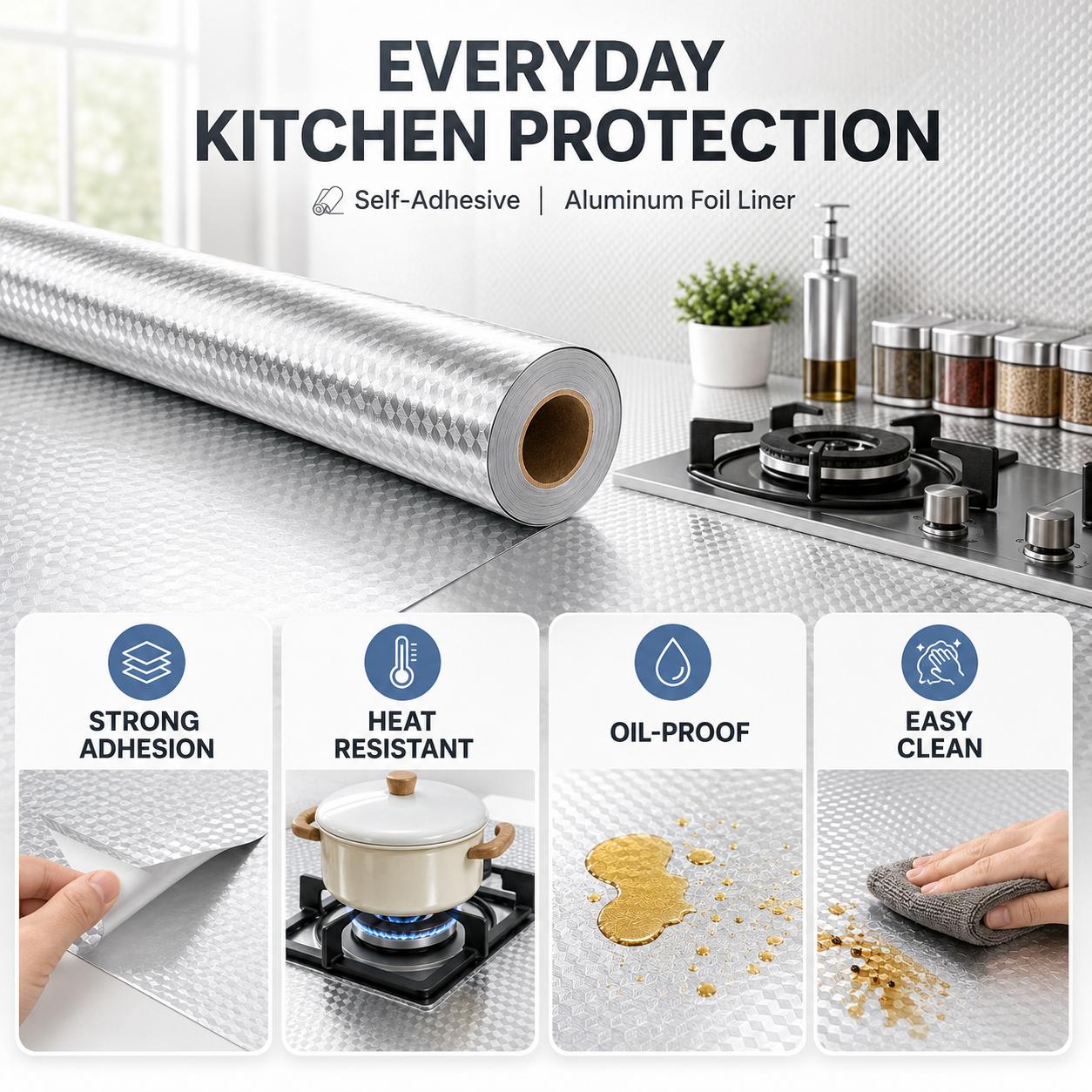 Self-Adhesive Aluminum Foil Kitchen Backsplash Wallpaper, 15.7 x 118 Inch Oil-Proof Waterproof Peel and Stick Countertop Cabinet Drawer Liner, Heat Resistant Easy Clean Silver Contact Paper Self-Adhesive Aluminum Foil Kitchen Backsplash Wallpaper, 15.7 x 118 Inch Oil-Proof Waterproof Peel and Stick Countertop Cabinet Drawer Liner, Heat Resistant Easy Clean Silver Contact Paper