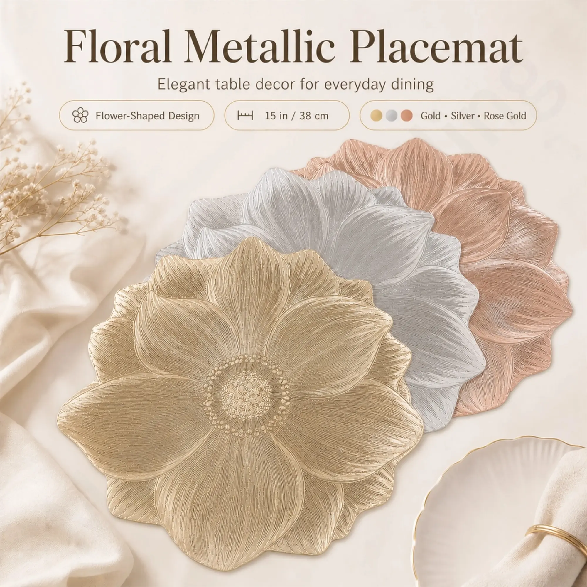 Elegant Lightweight Metallic Finish Flower-Shaped Placemats - 15in Reusable Charger Plate Mats for Dining Table, Coffee Table, Wedding Parties, Available in Gold, Silver, Rose Gold