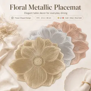 Floral Placemats for Dining Table, 15 Inch Flower Shaped Table Mats, Metallic Decorative Placemats for Kitchen, Dining Room, Wedding, Party and Home Decor, Gold Silver Rose Gold