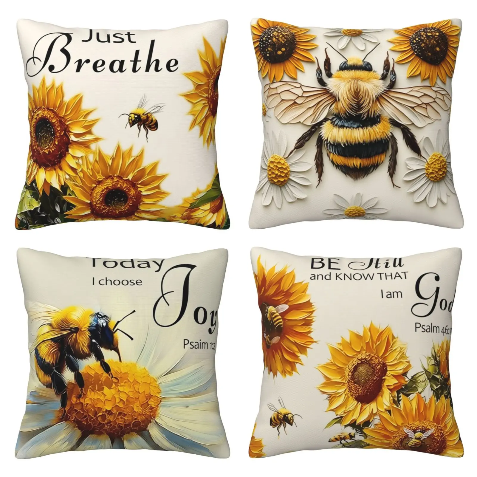 Jesus Christian religious pillow cover, summer bee sunflower pattern, oil painting style decorative cushion, Catholic home sofa decoration, 4-piece set with double-sided printing, Home Textile