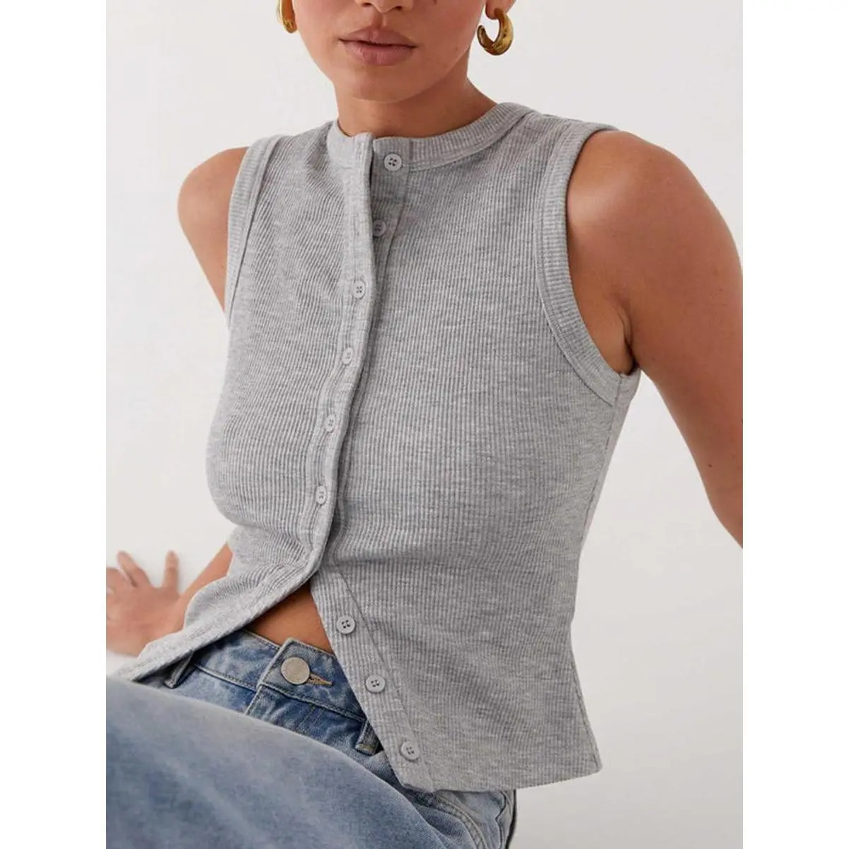 Women's Soft Knitting Plain Button-Front Ribbed Tank Top - Fit, Sleeveless Round Neck, Machine Washable Lady's Casual Daily Wear Sports & Outdoor Top, Slim-Fitting, Cold Wash