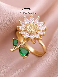 Cute Sunflower Spinning Ring Green Leaves Fidget Anxiety Relief Ring Crystal Flower Fashion Jewelry Gift for Women Mom Sunflower Spinner Ring