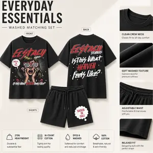 Ecstacy Heaven Feels Like Oversized Vintage Washed Tshirt & Short Set Streetwear Graphic Print 2 Piece Matching Set, Y2K Hip Hop outdoorfun