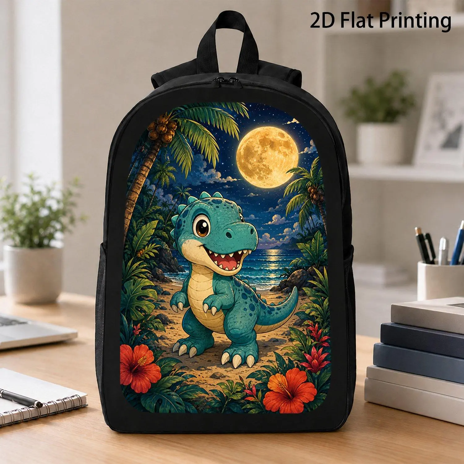 [17 Inch Backpack] Cute T Rex On Tropical Beach Under Full Moon Print Backpack Night Scene Dinosaur Art Backpack Trendy Island Theme Backpack Student Daily School Bag