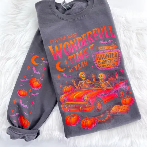 Most Wonderful Time of the Year Halloween Bookstore Graphic Sweatshirt or Hoodie Unisex  Womenswear Crewneck Casual Tshirt Top Oversized Cotton