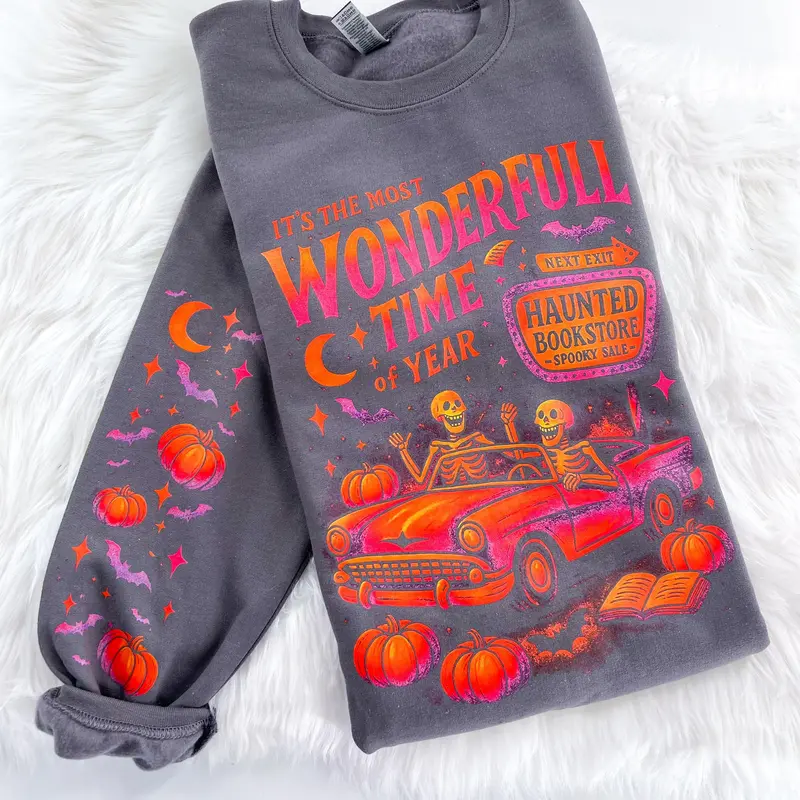 Most Wonderful Time of the Year Halloween Bookstore Graphic Sweatshirt or Hoodie Unisex  Womenswear Crewneck Casual Tshirt Top Oversized Cotton