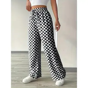 Women's checkered high waisted casual pants, 100% polyester knitted fabric, medium stretch, long, all season sports pants, with fake drawstring details, weighing 195 grams/square meter for women's bottoms(Sheets)