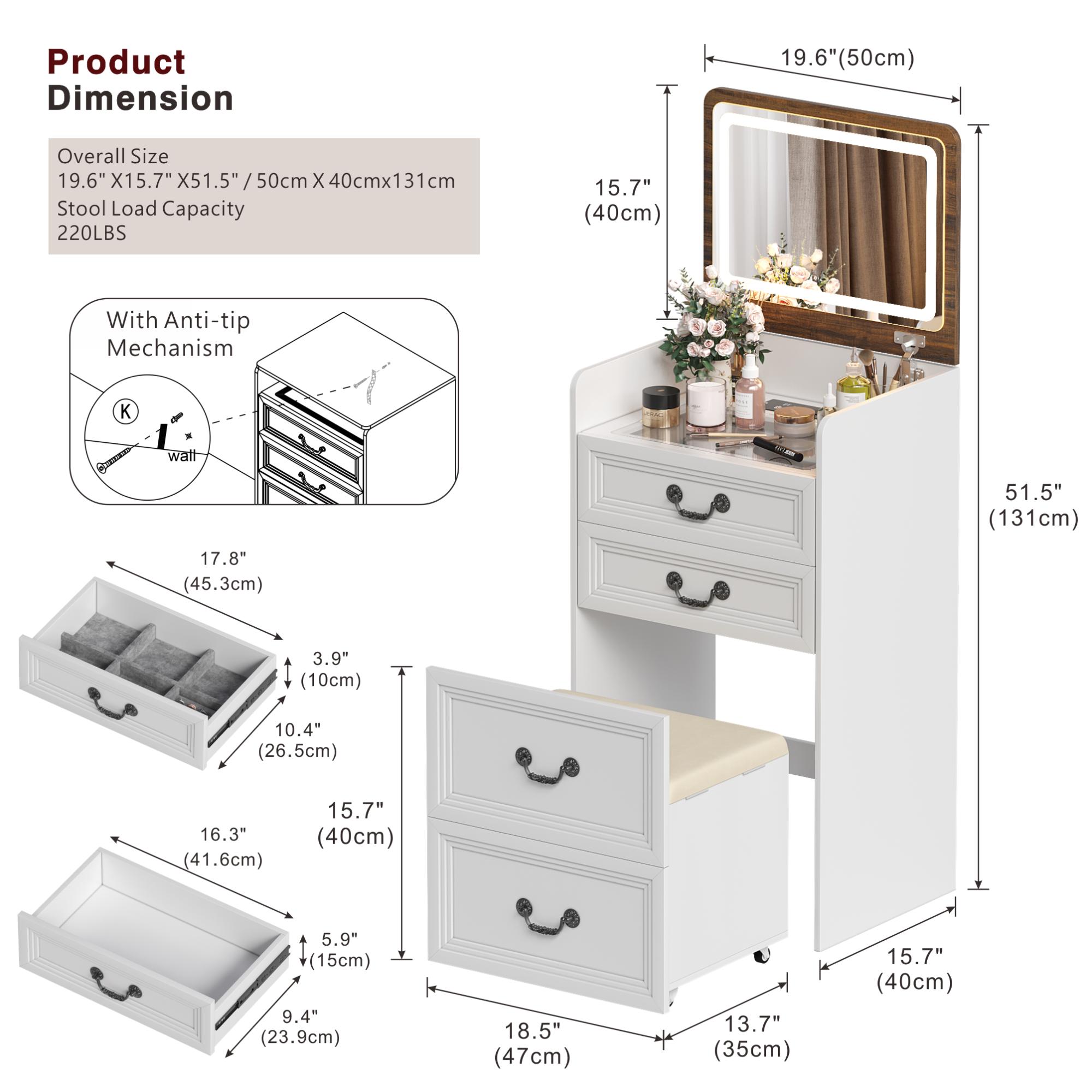 Miu small room vanity with Flip-up LED Mirror, Glass Tabletop,6-Compartment Storage Space, Soft Stool with Hidden Space & Drawer