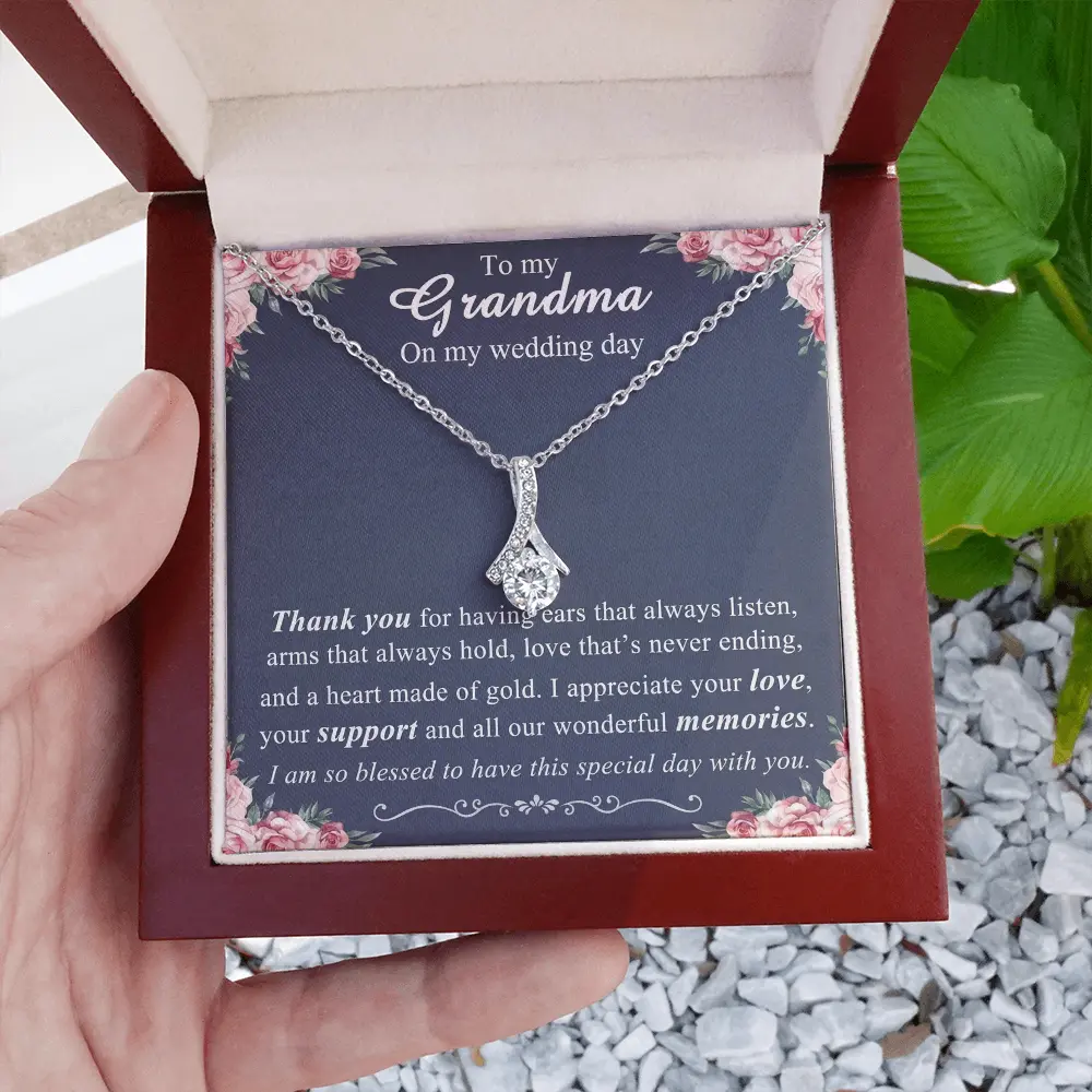 To My Grandma On My Wedding Day Ribbon Pendant Necklace, Meaningful Wedding Gift for Grandmother from Bride, Crystal Jewelry with Message Card Box