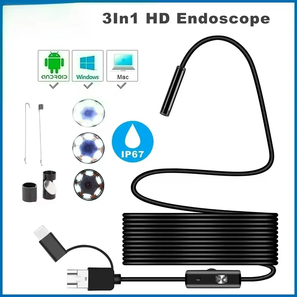 7MM Android Endoscope Camera, 3-IN-1 Micro USB-Type C OTG Borescope, Waterproof LED Underwater Camera for HUAWEI, XIAOMI, Windows PC, Search and Rescue Inspections
