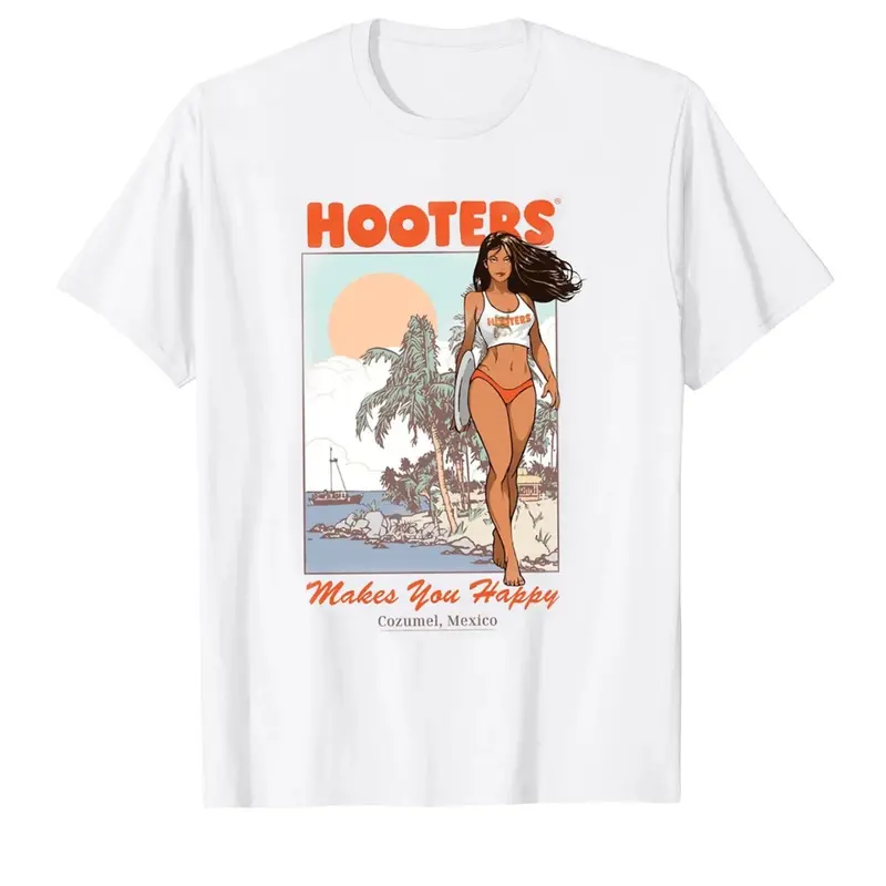 Women's Casual Short-Sleeve Cotton Fabric T-Shirt, Hooters Makes You Happy Cozumel Comfortable Top, Shortsleeve