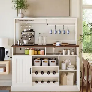 Gaomon 47" Farmhouse White Coffee Bar Cabinet - Storage Buffet with Goblet Holder, 5 Hooks, Power Ports, Adjustable Shelves, Quick Setup, Sideboard for Kitchen & Living Room Coffee Bar Station