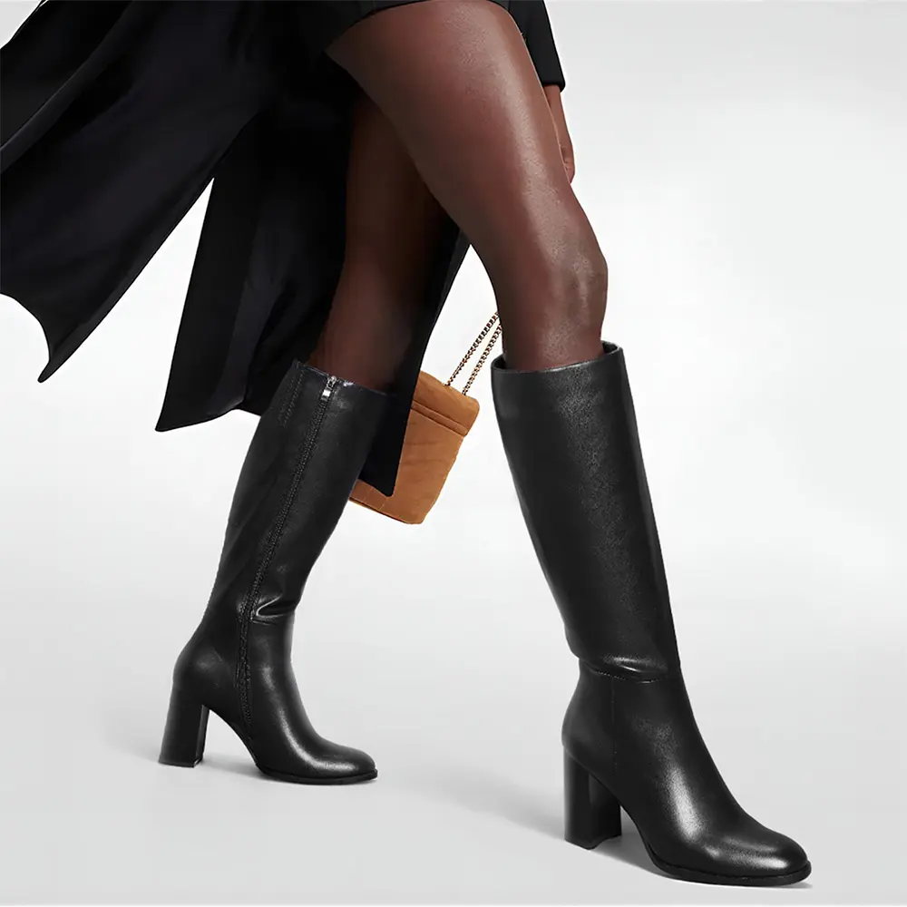 Women Knee High Boots Round Toe Chunky Heel Boots Gogo Boots with Side Zip Fashion Tall Boots for Women
