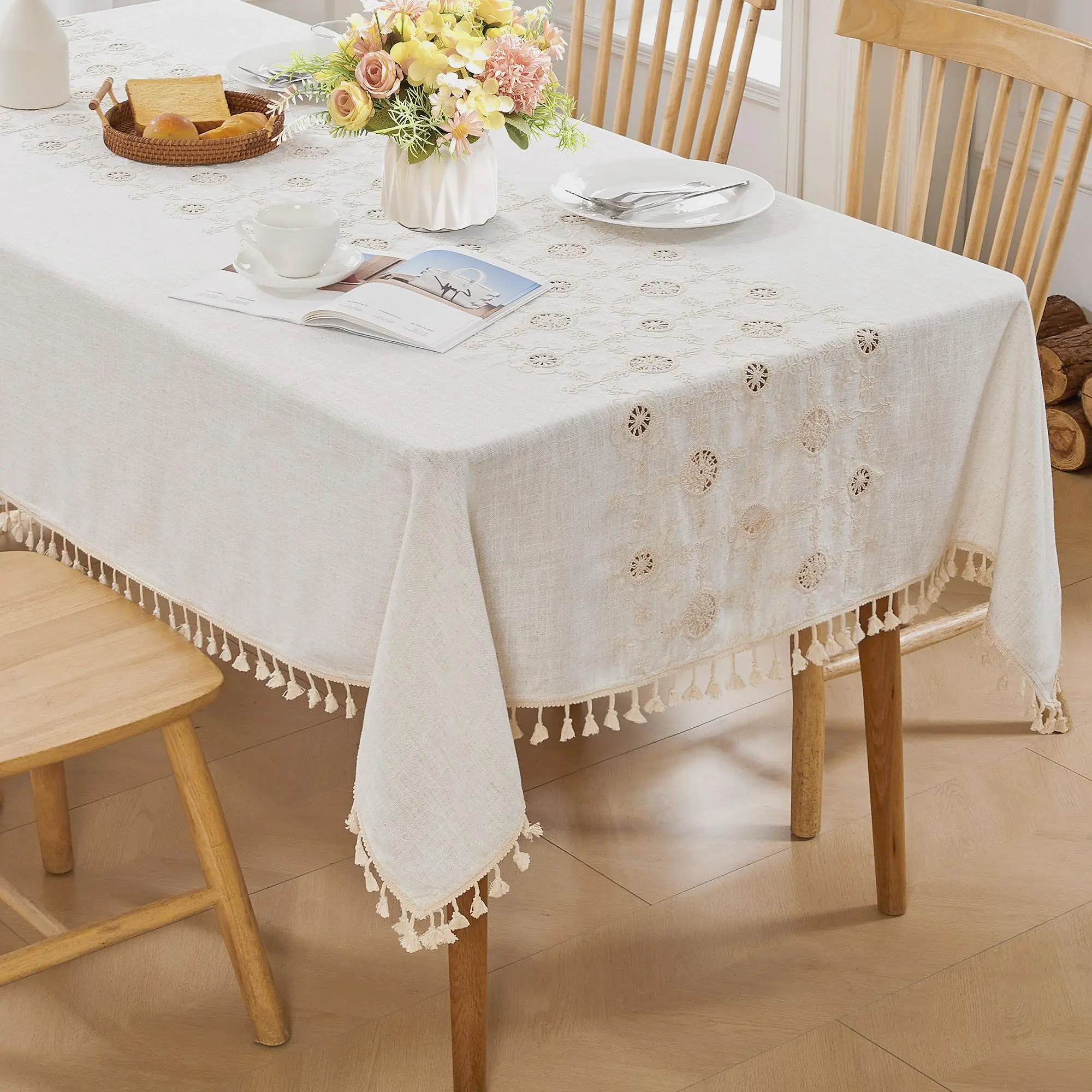 Deconovo Textured Waterproof Faux Linen Tablecloth - Cutout Design, Floral Sunflower Embroidery, Wipe Clean Weather Resistant Table Cover for Patio Dining Table, Outdoor Living Furniture