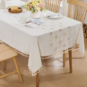 Deconovo Waterproof Tablecloth – Faux Linen with Cutout Sunflower Embroidery