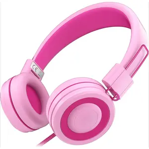 L-HPS021  i37 Kids Headphones Children Girls Boys Teens Foldable Adjustable On Ear Headphones 3.5mm Jack Compatible Cellphones Computer MP3/4 Kindle School Tablet Rose/Pink Audio Cord