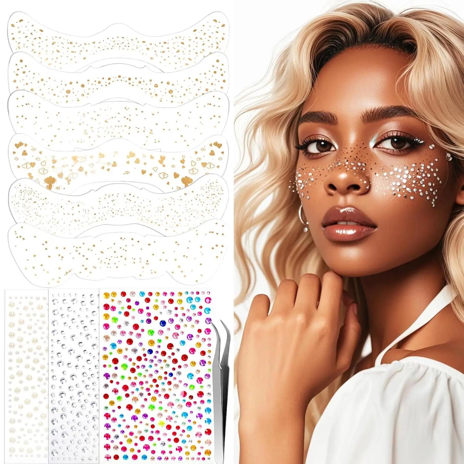 Halloween Fall Gift 9 Sheets Glitter Freckle Face  Stickers Gold Silver Jewel Stickers for Women Sparkling Fairy Makeup Gems Rave Festival Party Accessories