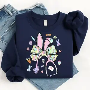 Easter nurse-themed hoodie, stethoscope hoodie, Happy Easter, nurse Easter brushstroke pattern, nurse Easter bunny ears