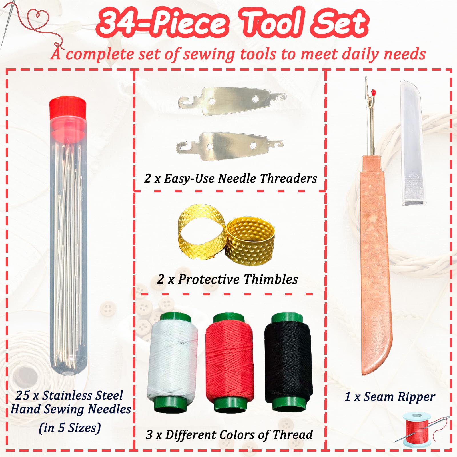 34PCS Sewing Tool Set, Steel Needle Sewing Kit, Stainless Steel Sewing Needles, Steels Needles for Hand Sewing, Portable DIY Handcraft Set, Suitable for Handicraft Enthusiasts