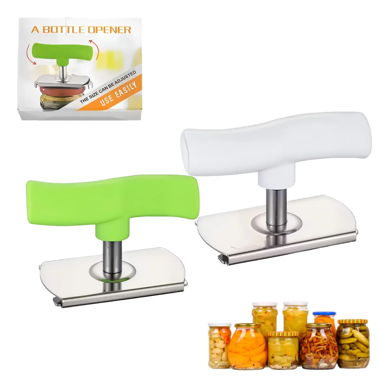 1/2 in 1 Stainless Steel Can Opener & Jar Opener Set – Easy to Use for Small to Medium Cans, Arthritis Friendly, One-Handed Bottle Cap Remover – Kitchen Must-Have for Elderly, Kids, Patients (White + Green)