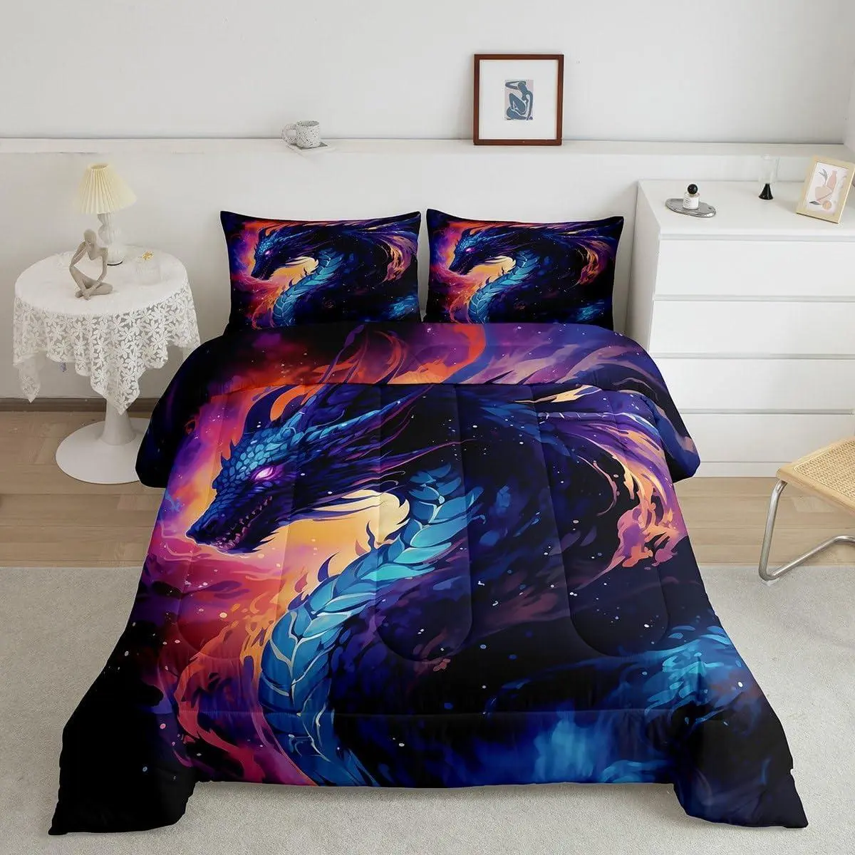 Dragon Comforter Set,Watercolor Red Blue Galaxy Bedding Set for Kids Boys Girls Adult Room Decor,3D Animals Quilt Set,Western Dragon Pattern Duvet Insert