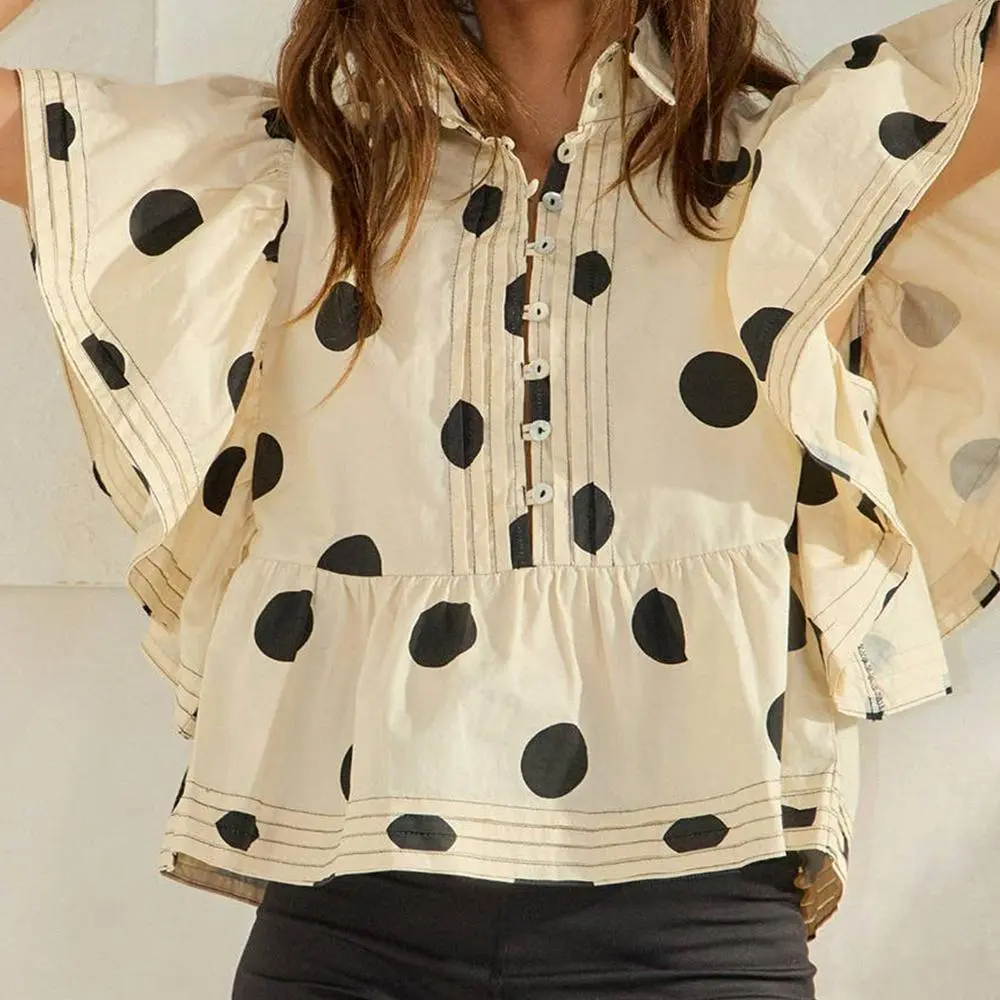 Women Vintage Polka Dot Short Ruffle Sleeves Tops Cute Button V Neck Pleated Cropped Babydoll Blouses Aesthetic Preppy Shirts