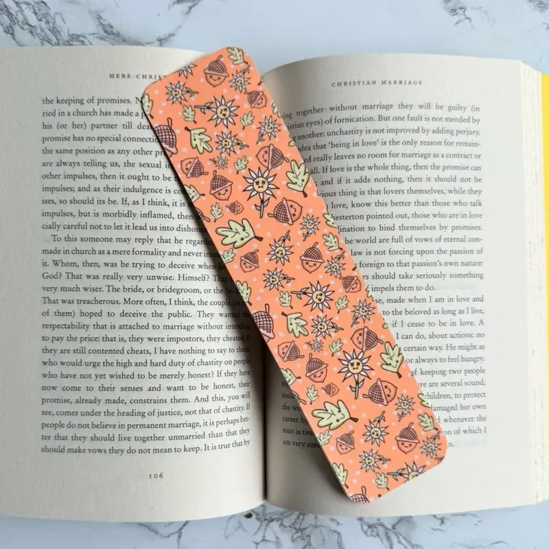 Original art double sided handmade fall bookmark with colorful leaf patterns -Peach/ Brown background