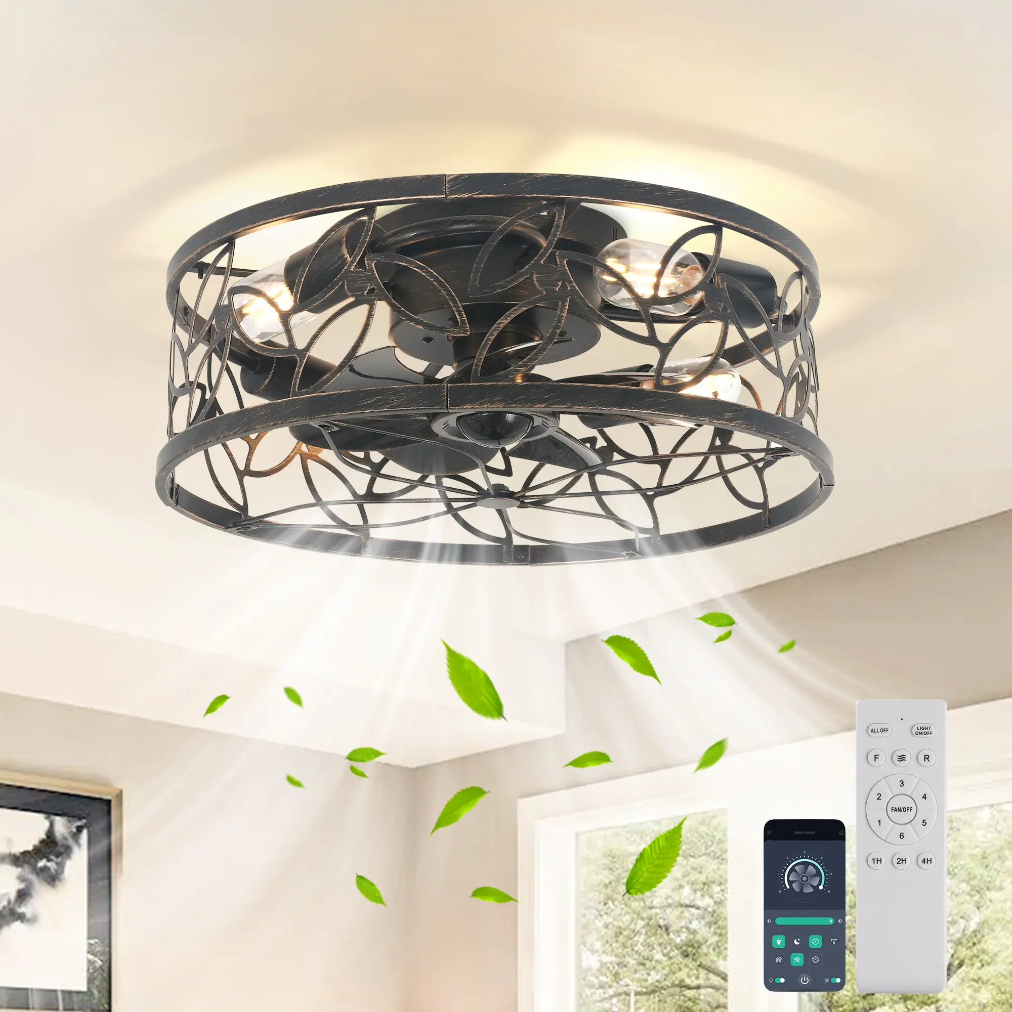 Garwarm Caged Ceiling Fan with Light, 18in Rustic Industrial Ceiling Fans with Remote, Bladeless Ceiling Fan for Kitchen, Bedroom, 6 Speed, Black