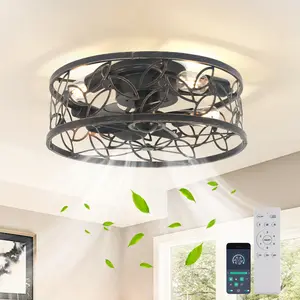Garwarm Caged Ceiling Fan with Light, 18in Rustic Industrial Ceiling Fans with Remote, Bladeless Ceiling Fan for Kitchen, Bedroom, 6 Speed, Black