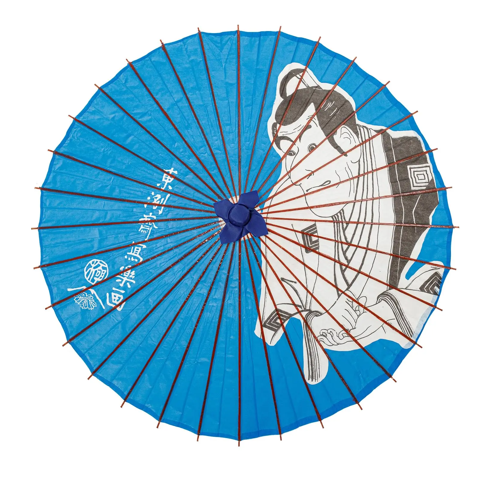 Thy Home 43" Round Traditional High Quality Paper & Wood Parasol - Blue Asian Japanese Art Samurai Print Adult Umbrella, Wooden Shaft, Shiny Shade, Wedding Parties, Photography, Music Festivals