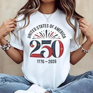 United States of America 250th Anniversary 1776–2026 Independence Day Celebration Cotton Casual Crew Neck Short Sleeve Regular Sleeve Summer T-Shirt Machine Washable Not Dry Clean Made in USA