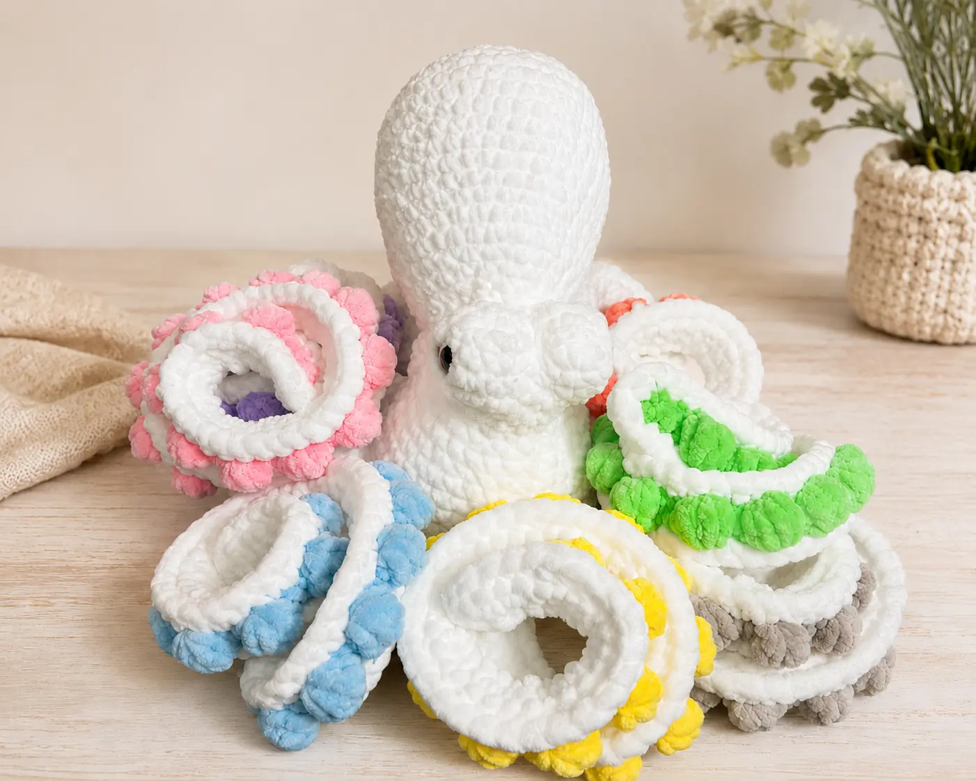 Crochet Bliss by V Handmade Jumbo White Octopus Crochet Plushie, Soft Stuffed Plush with Pastel Curly Tentacles, Room Decor & Collectible Gift