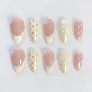 Cute Polka Dot Nails/Bow Nails/Yellow Nails/Pink Nails/Kawaii Nails/Fall Nails/Summer Nails/Pearl Nails/Birthday Nails/French Cute Nails