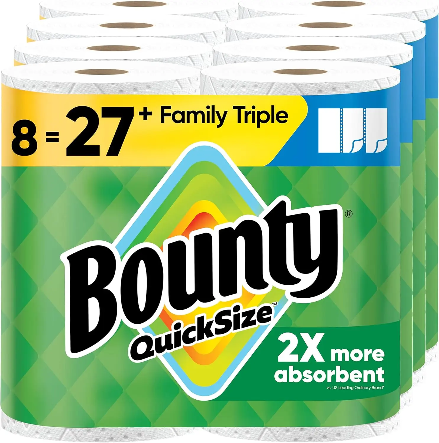 White Quick-Size 2-Ply Kitchen Paper Towels Pack, 8 Family Triple Rolls = 27 Regular Rolls