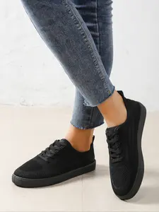 Women's Casual Flat Shoes, Round Toe Breathable Anti-Slip Laces Low Top, Comfortable Walking Shoes, Solid Color Classic Style