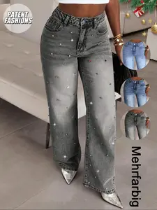 Women's Rhinestone Straight Leg Jeans Pants, Comfortable Loose Fit, Shiny Casual Wear, Natural Waist, Long Regular Length, All Seasons