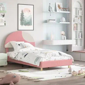 Twin Bed Frame with Round Boucle Headboard, Upholstered Arch-Shaped Design in Soft Pink & White, Modern Kids Wooden Slats Bed, No Box Spring Required & Easy Assembly  Modern Kids Bed Frame with Arch Boucle Upholstered Headboard