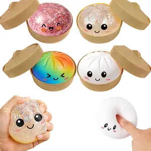 2026 Upgrade Glitter Dumpling Squishy Fidget Toy with Steamer Box, Soft Sensory Fidget Steamed Bun Squeeze Tool for Adult Stress & Anxiety Relief