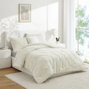 Peace Nest 3 Piece Pintuck Pinch Pleat Comforter Set, Cream, King, 104"x92"