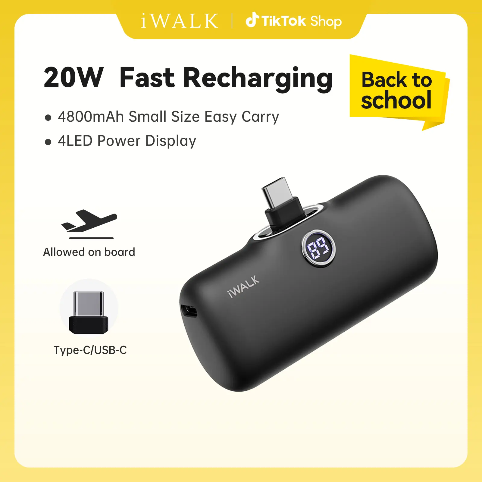 iWALK Mobile Portable Power Bank - 20W Fast Charging, 4800mAh Rechargeable Battery Pack, Compact EDC Gear with Digital Display, USB-C In-Charging for iPhone 17/16/15 Series & Android, On the Road Black Charger Accessory, Portable Charger