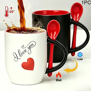 1pc Magical Color-Changing Mug with Coffee Spoon - i love you Design Coffee Mug, 11oz Insulated & Reusable Ceramic Cup,  for Coffee/Tea, Red Heart Art, Ideal Gift for Men & Women (Hand Wash Only)