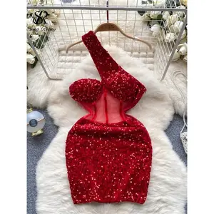 Singreiny autumn bodycon sexy dress new fashion mesh sequins design diagonal collar sleepveless women transparent midi dress Casual Fabric