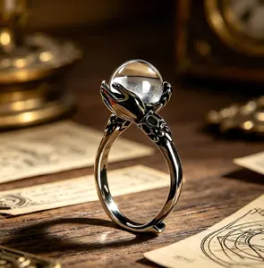 Witchtok Jewelry - 925 Sterling Silver Vintage Guardian Crystal Ring, Hand-Embracing Adjustable Open Band (Fits 6-10) | Pagan Jewelry | Witchy Gifts | Valentine's Day Gift