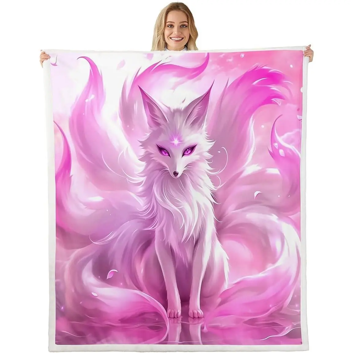 Arctic Fox Fleece Blanket Nine Tailed Fox Sherpa Blanket,Mythical Animals Jungle Wildlife Magical Fuzzy Plush Throw
