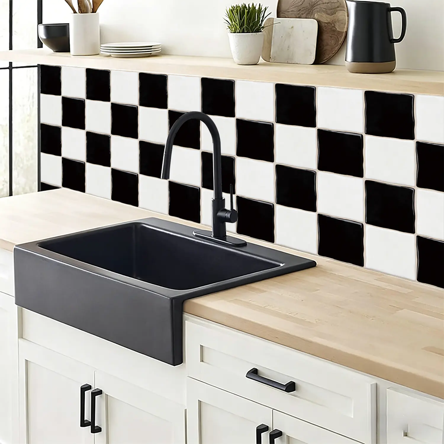 10PCS Retro PVC Peel-and-Stick Black-White Checkerboard Decorative Tiles Stickers Pack, Waterproof, Oilproof, Removable Self-Adhesive Vinyl Wall Decals for Kitchen, Bathroom Home Improvement Decor