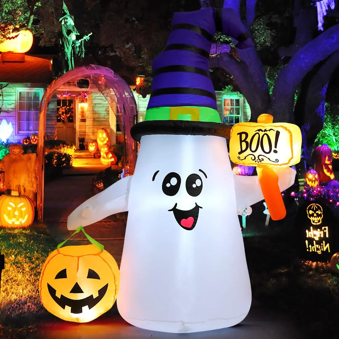 GOOSH 5FT Halloween Inflatable Ghost with Wizard Hat & Pumpkin, LED Lighted Blow Up Yard Decoration for Outdoor Lawn Garden