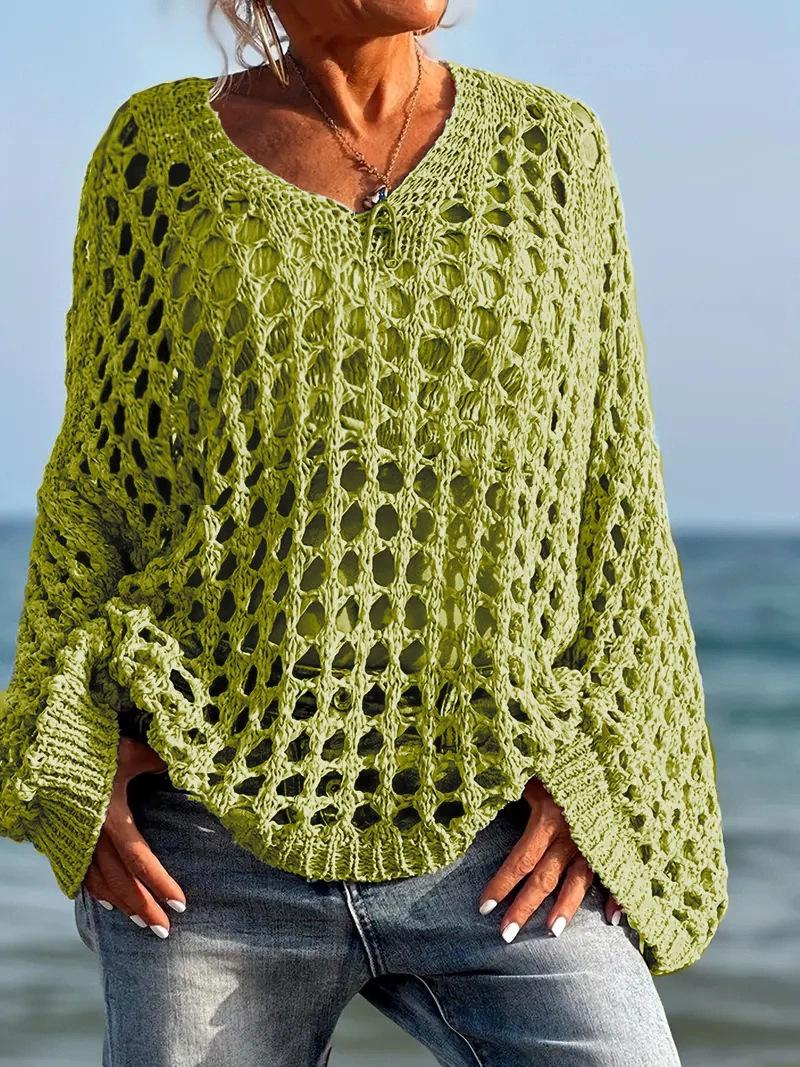 Womens Crochet Knit Sweater Y2K Long Sleeve Hollow Out Pullover Top Beach Cover Up Loose Fit Fishnet Shirt