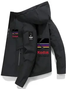 Men's and Women's Fashion Jacket with Kodak Letter Print, Casual Hooded Design, Zipper Pockets, Polyester Material, Spring & Fall Wear