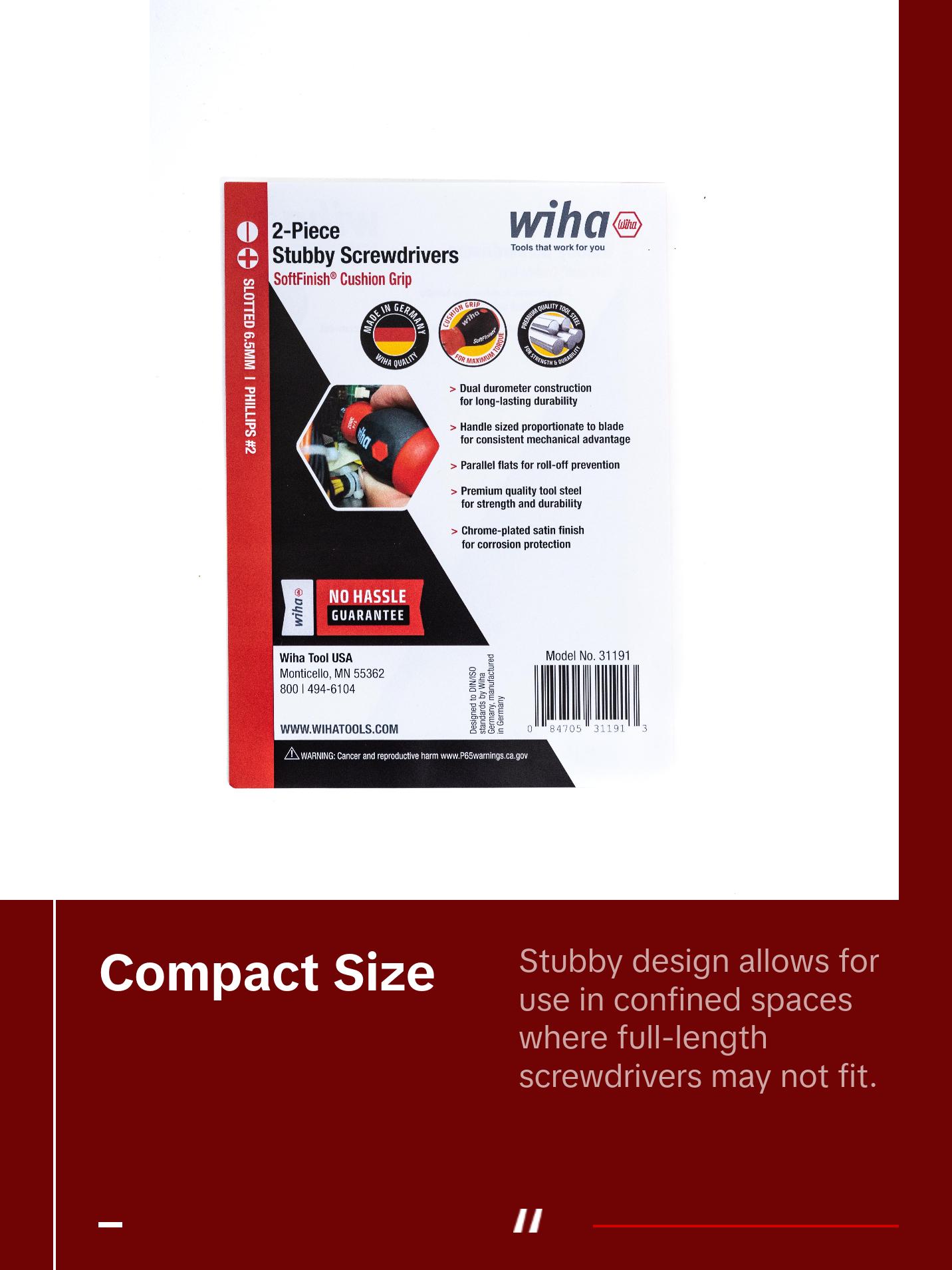 Wiha Tools 31191 SoftFinish Stubby Slotted 6.5mm/Phillips #2 Screwdrivers, 2 Pc. Set