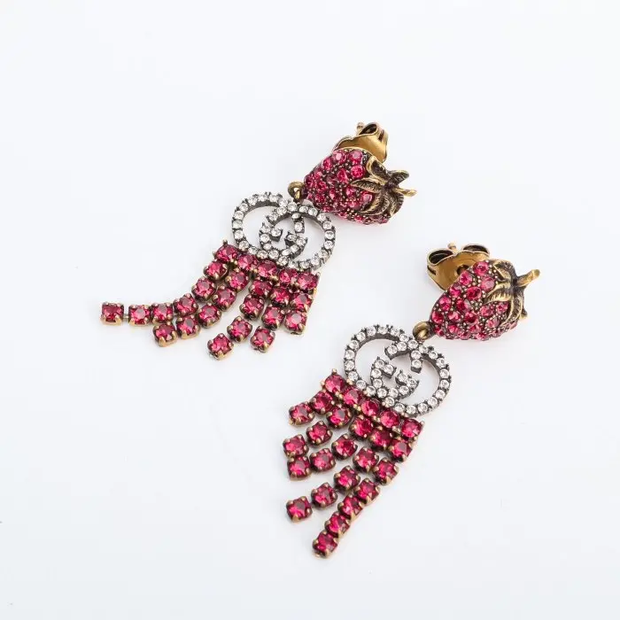 Pre-owned Gucci Metal Crystal Interlocking G Strawberry Drop Earrings Twins LDZ564